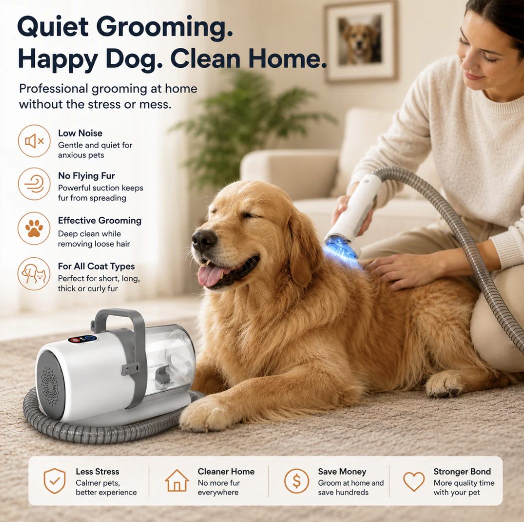 Owner using Groom Ease to groom a golden retriever at home